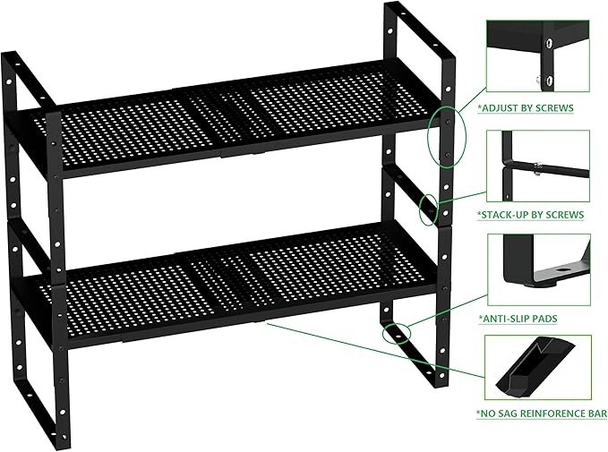 Expandable Spice Rack, Stackable Metal Pantry Storage Shelves Stand, Adjustable Height Cabinet Shelf Organizer Racks(2PACKS/Black,Large)