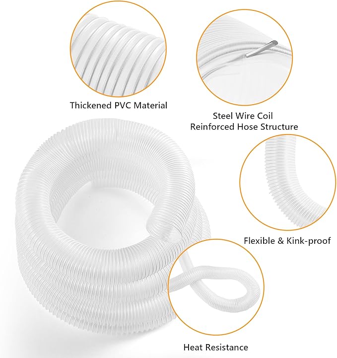 2 1/2" x 20' Clear Dust Collection Hose, PVC Puncture Resistant Fume Collection Hose with 6 Pieces Stainless Steel Clamps, 2.5 Inch Dust Collector for Woods Debris