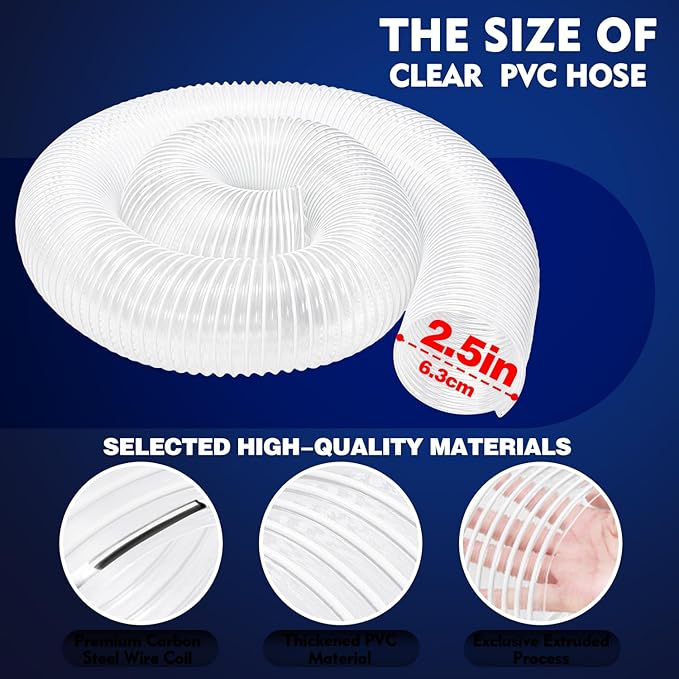 2 1/2" x 5' PVC Dust Collection Hose, Puncture-Resistant, Heavy-Duty Flexible Clear Fume Hose with Carbon Steel Wire Coil for Dust Collection Systems, Woodworking, Workshops