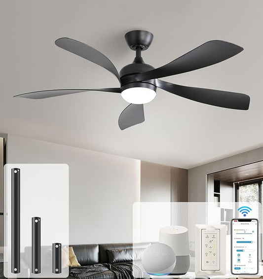 Sofucor 52" Smart Ceiling Fan, Indoor/Outdoor Black Ceiling Fans with Lights and Remote, Works with Alexa/Google/App, 3-Color Light 6-Speed Timing Reversible DC Motor for Bedroom Living Room Patio