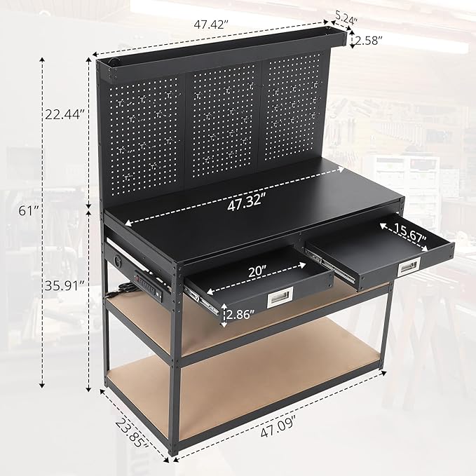 Work Bench 48" Adjustable Height,3-Tier Heavy-Duty Portable Workbench with Power Outlets and Drawer for Garage & Workshop, 880 LBS Load Capacity, Work Table for Office, Home, Easy Assembly