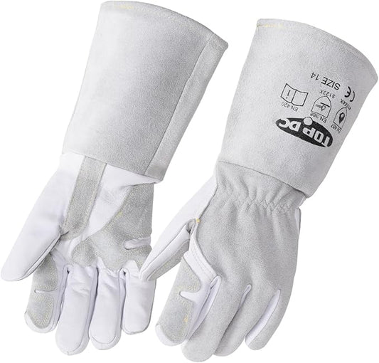 TOPDC Premium Goatskin Leather Welding Gloves, Split Cowhide Back, TIG Welding Gloves with Reinforced Palm Thumb Index Finger (Grey-White, 14 Inch Large)
