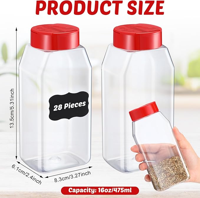 Mifoci 28 Pack 16 oz Plastic Spice Jars with Cap Square Plastic Bottle Containers with Shaker Lids and Stickers Large Seasoning Shaker Empty Powder Storage Container for Storing Salt Herbs (Red)