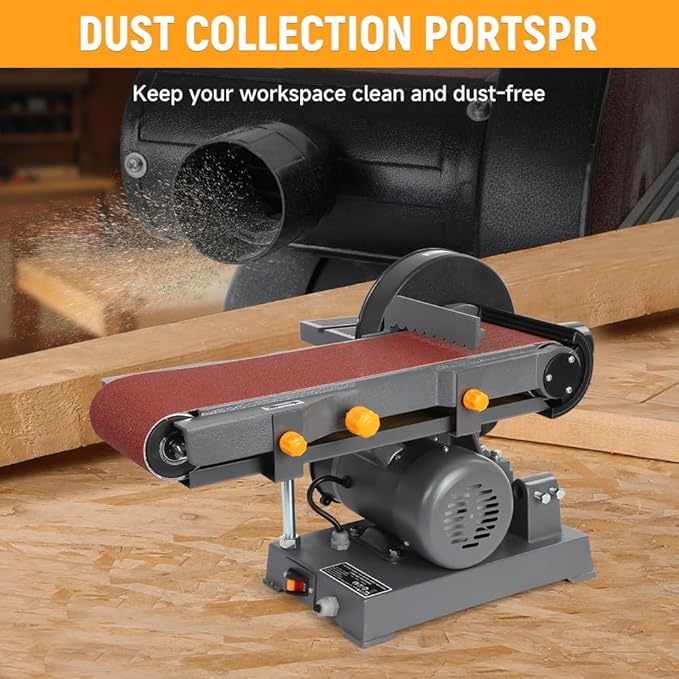 Hoteche 7.9-Amp 6-Inch x 48-Inch Belt and 9-Inch Disc Sander, 1-HP Power Combination Sander with Open Stand, Heavy-Duty Benchtop Sander for Woodworking and Metal, Dust Collection System