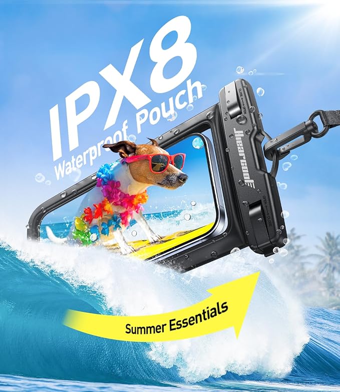 Hiearcool Waterproof Phone Pouch, Universal Case Compatible for iPhone 16 15 14 13 Pro Max Plus Up to 8.3", IPX8 Beach Travel Essentials-Black-2 Pack