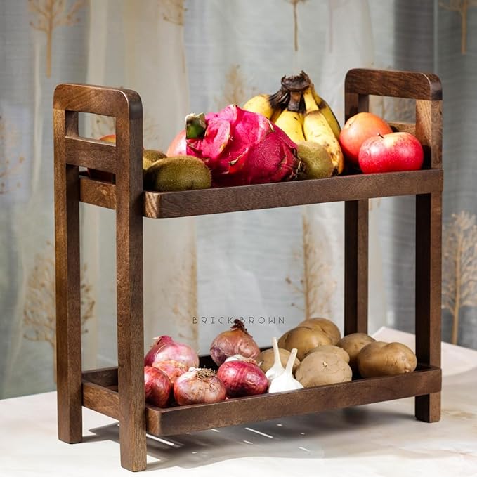 Premium Cocoa Kitchen Wooden Organizer 2-Tiered Serving Stand| Display Snacks, Fruits & Desserts | Kitchen & Dining Organizer in Mahogany Finish (Self Assembly)