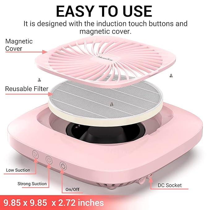 MelodySusie Nail Dust Collector with Reusable Filter, Powerful Nail Fan Vent Dust Collector Extractor Electric Dust Suction Machine for Acrylic Gel Nail Polishing, Low Noise, Nail Salon, Pink