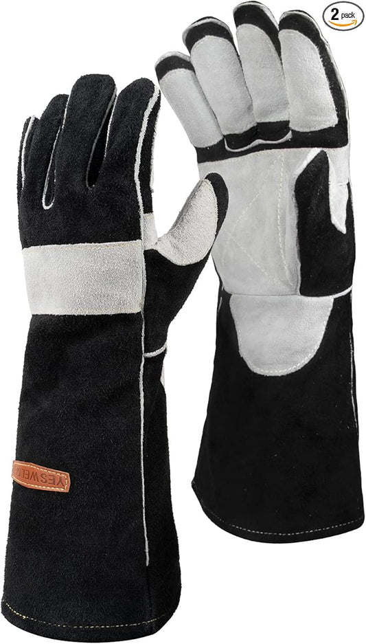 YESWELDER 16 Inches,932℉,Leather Forge MIG Welding Gloves, with Kevlar Stitching Heat/Fire Resistant, Palm Reinforcements, Black-Gray