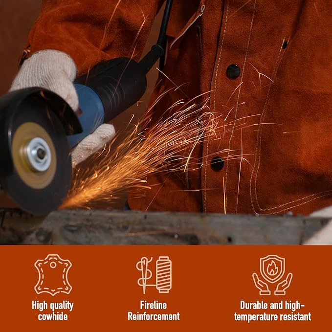 QeeLink Leather Welding Jacket - Flame-Resistant Heavy Duty Work Welder Jackets - Split Cowhide Welding Coat for Men Women