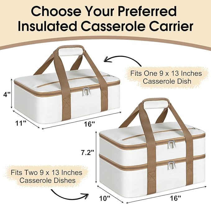Insulated Casserole Carrier, Portable Casserole Carrier for Hot or Cold Food Lunch Tote Warmer or Cooler Bag, Lasagna Lunch Bag for Potluck Parties- Fits 9" x 13" Baking Dish-Beige