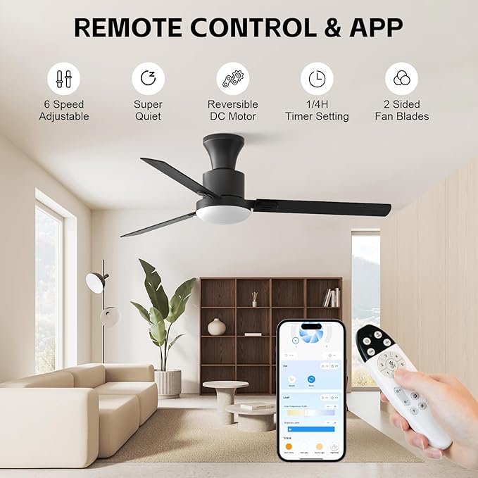 Obabala 60 Inch Ceiling Fan with Remote & APP, LED Light, 6-Speed Reversible DC Motor, Indoor & Outdoor Modern Ceiling Fan for Patio, Living Room, Bedroom