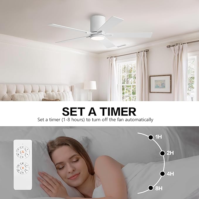 WINGBO 52" DC Flush Mount Ceiling Fan with Lights, 6-Speed Reversible DC Motor, 3CCT, Low Profile Hugger Ceiling Fan for Living Room Bedroom Kitchen, White Finish and White/Oak Blades