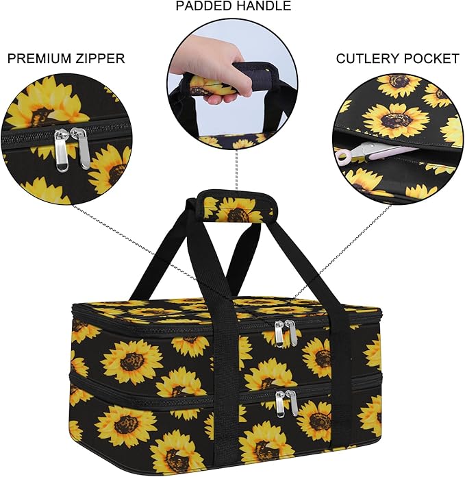 esouler Double Insulated Casserole Carrier Bag Hot & Cold Food Carrier Bag Lasagna Holder Lunch Bag for Picnics, Parties, Travel, Fits 9 x 13 Inches Casserole Dish-Sunflower