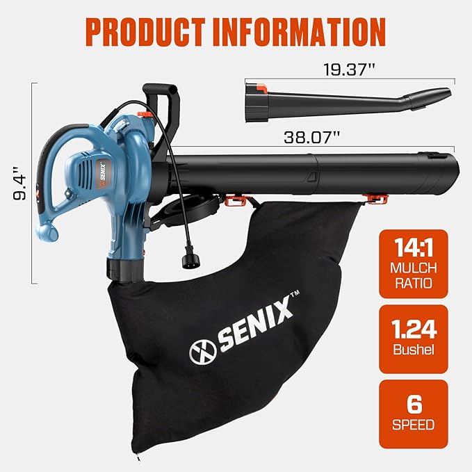 SENIX 12 AMP Leaf Blower, 3-in-1 Handheld Electric Leaf Blower, Vacuum, and Mulcher, 420 CFM, 179 MPH Airflow,Corded Blowers with Reusable Collection Bag (BLVE12-M)