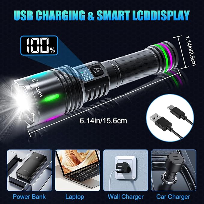 Flashlights High Lumens Rechargeable, 2000LM Super Bright Flash Light, 3 Modes Zoomable,LCD Digital Display,USB Charging, Powerful Handheld LED Flashlights Waterproof for Emergencies Camping