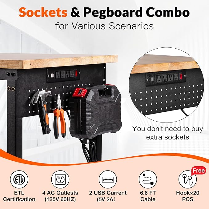 60“ Adjustable Height Workbench Work Bench for Garage Work Table with Under Table Shelf Heavy Duty Rubber Wood Top for Shop Woodworking, Office, Home, Commercial