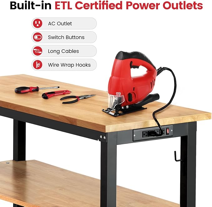 Adjustable Height Work Bench 48 x 20 Workbench for Garage Work Table with Under Table Shelf for Shop Woodworking, Heavy Duty Rubber Wood Top for Office, Home, Commercial