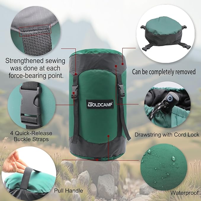 GoldCamp Compression Sack, 40% More Storage! 18L/30L/43L/49L/65L Compression Stuff Sack, Waterproof & Ultralight Sleeping Bag Stuff Sack - Space Saving Gear for Camping, Hiking (Green, XXXL)