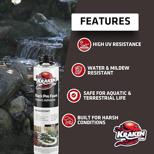 Kraken Bond Black Spray Waterfall Foam Sealant - (48x24oz) Expanding Polyurethane Pond Foam Sealer Black, UV Resistant Insulating Spray for Landscape & Exterior, Gun Use, Gun Not Included, 48 Pack