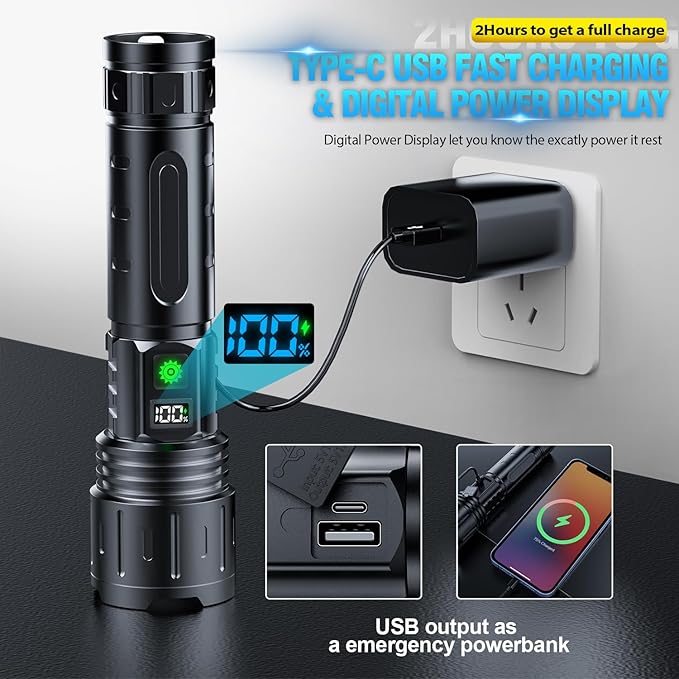 Rechargeable Flashlights High Lumens - 2000 Lumens Long Beam Super Bright LED Flash Light with Power Display & IPX5 Waterproof for Camping, 20H Runtime,5 Modes,Zoomable Handheld Flashlight, 4pcs