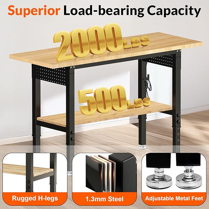 60“ Adjustable Height Workbench Work Bench for Garage Work Table with Under Table Shelf Heavy Duty Rubber Wood Top for Shop Woodworking, Office, Home, Commercial