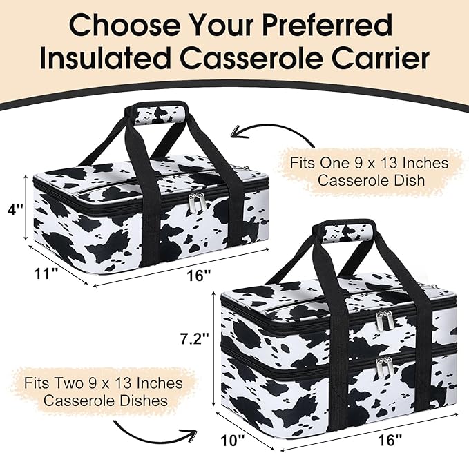 Double Insulated Casserole Carrier, Portable Casserole Carrier for Hot or Cold Food Lunch Tote Warmer or Cooler Bag, Lasagna Lunch Bag for Potluck Parties- Fits 9" x 13" Baking Dish-Cow Pattern
