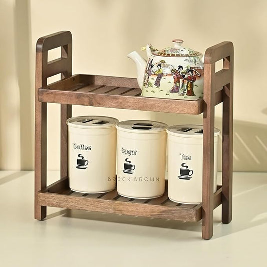 Premium Cocoa Kitchen Wooden Organizer 2-Tiered Serving Stand| Display Snacks, Fruits & Desserts | Kitchen & Dining Organizer in Mahogany Finish (Self Assembly)