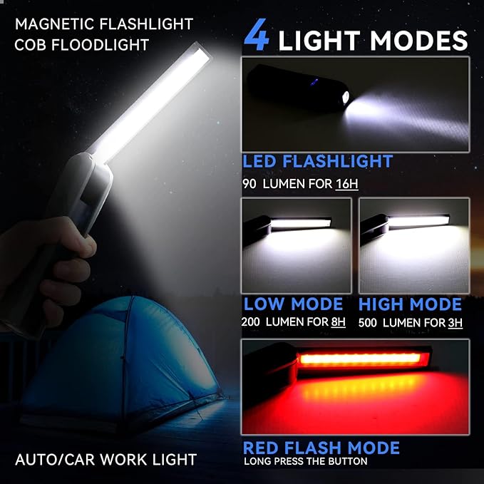 Durapower Rechargeable LED Mechanic Work Light Foldable Magnetic Flashlight Automotive Work Light, Hook, 270º Rotate, Power Indicator for Mechanic, Repair