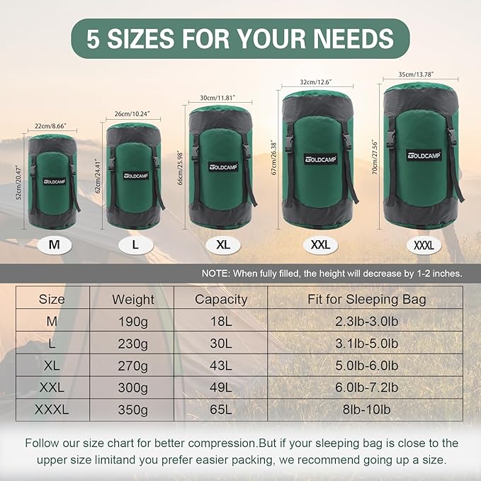 GOLDCAMP Compression Sack, 40% More Storage! 18L/30L/43L/49L/65L Compression Stuff Sack, Waterproof & Ultralight Sleeping Bag Stuff Sack - Space Saving Gear for Camping, Hiking (Green, L)