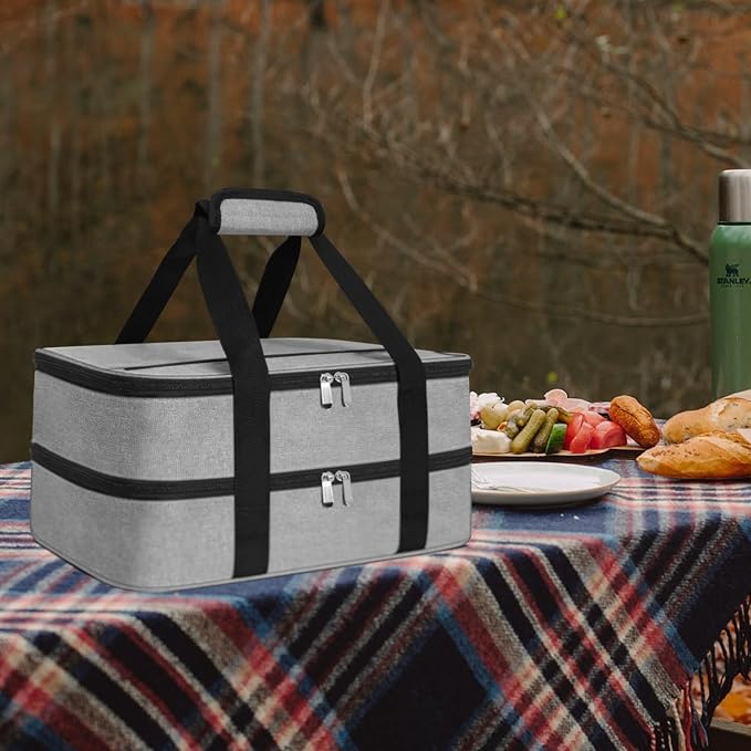 esouler Double Insulated Casserole Carrier Bag Hot & Cold Food Carrier Bag Lasagna Holder Lunch Bag for Picnics, Parties, Travel, Fits 9 x 13 Inches Casserole Dish-Grey