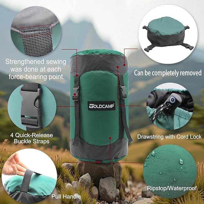 GOLDCAMP Compression Sack, 40% More Storage! 18L/30L/43L/49L/65L Compression Stuff Sack, Waterproof & Ultralight Sleeping Bag Stuff Sack - Space Saving Gear for Camping, Hiking (Green, L)