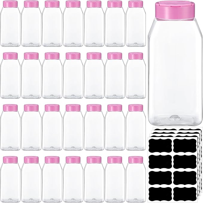 Mifoci 28 Pack 16 oz Plastic Spice Jars with Cap Square Plastic Bottle Containers with Shaker Lids and Stickers Large Seasoning Shaker Empty Powder Storage Container for Storing Salt Herbs (Pink)