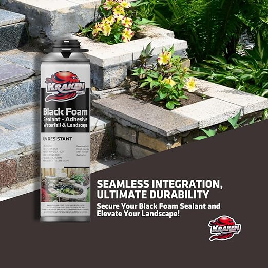 Kraken Bond Black Spray Waterfall Foam Sealant - (2x24oz) Expanding Polyurethane Pond Foam Sealer Black, UV Resistant Insulating Spray for Landscape & Exterior, Gun Use, Gun Included, 2 Pack