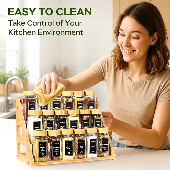 3 Tier Bamboo Spice Rack Organizer with 18 Spice Jars, 780 Labels, Wood Shelf, Chalk Marker and Funnel Set for Cabinet Kitchen Countertop, Empty 4 oz Glass Jars