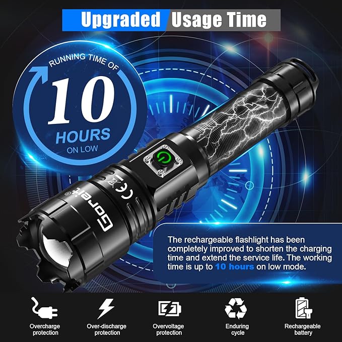 Goreit Flashlights High Lumens Rechargeable, 2000 Lumen XHP70.2 LED Flashlight USB Super Bright Flash Lights, High Powered Handheld Flashlights for Emergencies Camping, Waterproof, Adjustable Focus