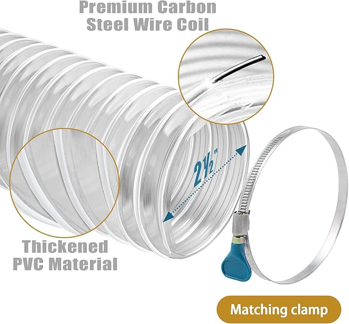2 1/2" x 10' Dust Collection Hose, Puncture Resistant PVC Dust Collection Hose with Carbon Steel Wire Coil - Flexible Clear PVC for Dust Collectors