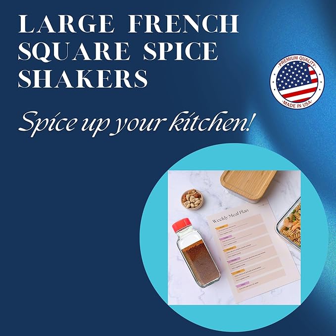 JARMING COLLECTIONS 16 oz Glass French Square Spice Jars with Shaker Lids - Elegant Design for Food Storage and Kitchen Organization - Enhance Your Spice Storage – Made in USA