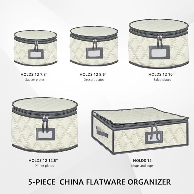 VERONLY 5 Pack China Storage Containers Set (Beige) - Sturdy Quilted Wine Glass & Dish Storage with Dividers - Compact Size