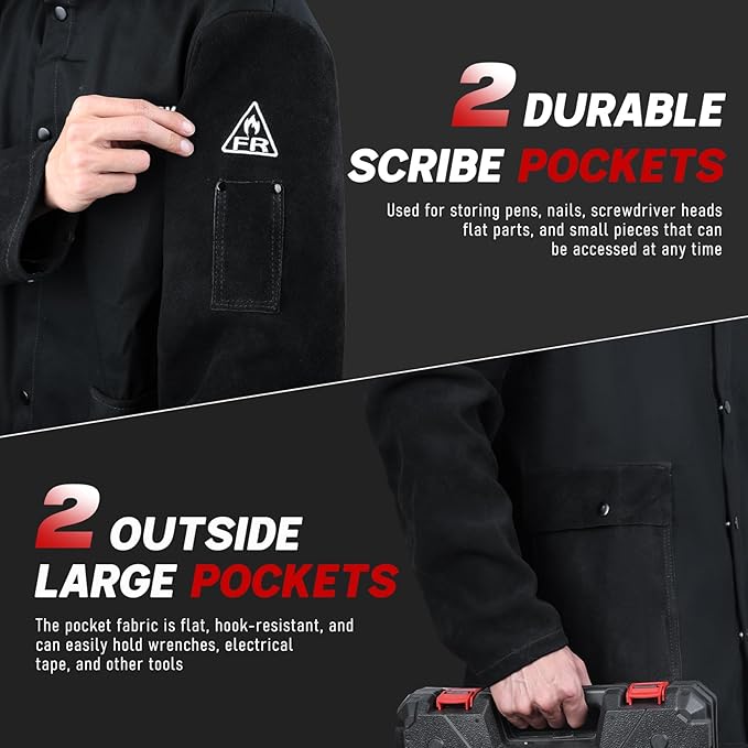 LeaSeek Welding Jacket Leather Sleeves | Flame Resistant (FR) Cotton Weld Coat | Welder Jacket for Men Women | Black, S-4XL