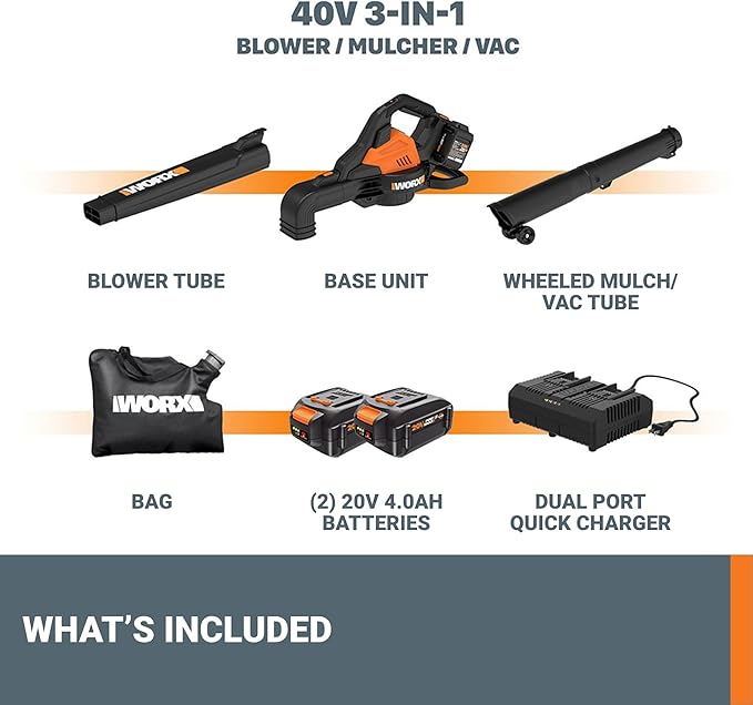 WORX WG583 40V Cordless Leaf Blower, 3 in 1 Blowers for Lawn Care with Vacuum & Mulcher, Electric Blower with Brushless Motor & 2 Speed Control, 2 Batteries & Charger Included