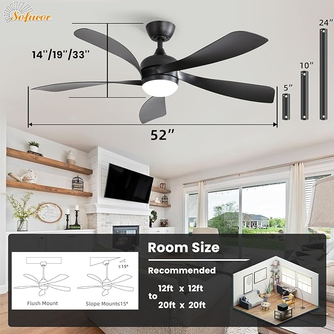 Sofucor 52" Smart Ceiling Fan, Indoor/Outdoor Black Ceiling Fans with Lights and Remote, Works with Alexa/Google/App, 3-Color Light 6-Speed Timing Reversible DC Motor for Bedroom Living Room Patio