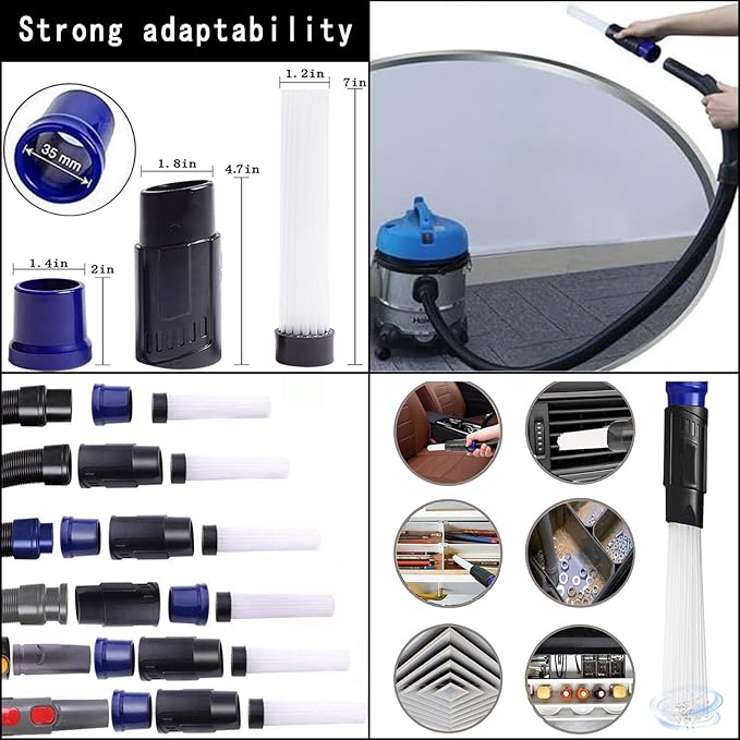 14Pcs Universal Vacuum Attachment Professional Shop Vac Accessories Wet Dry Vacuum Hose Adapter with Hair Brush Extension Wand Flexible Crevice Tool fit 2 1/2" to 1 1/4" and 1 7/8" to 1" Vacuum Hose