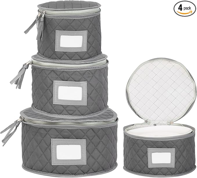 Fine China Storage - Set of 4 Quilted Cases for Dinnerware Storage. Sizes: 12" - 10" - 8" and 7" Wide - Gray - 48 Felt Plate Separators Included