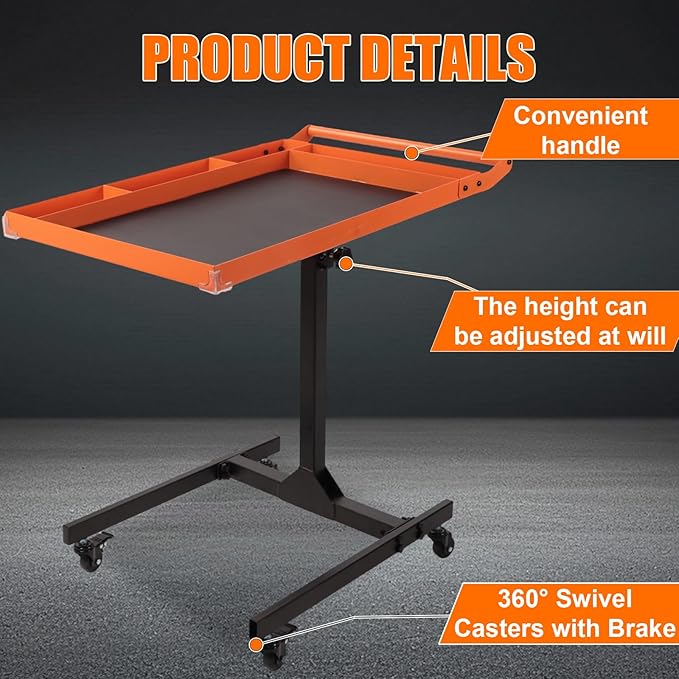 Heavy-Duty Adjustable Rolling Work Table – 220LBS Capacity Steel Tool Cart with 4 Smooth Casters, Height-Adjustable (31.5"-47.2") – Perfect for Garage, Workshop, DIY Repairs & Mechanics