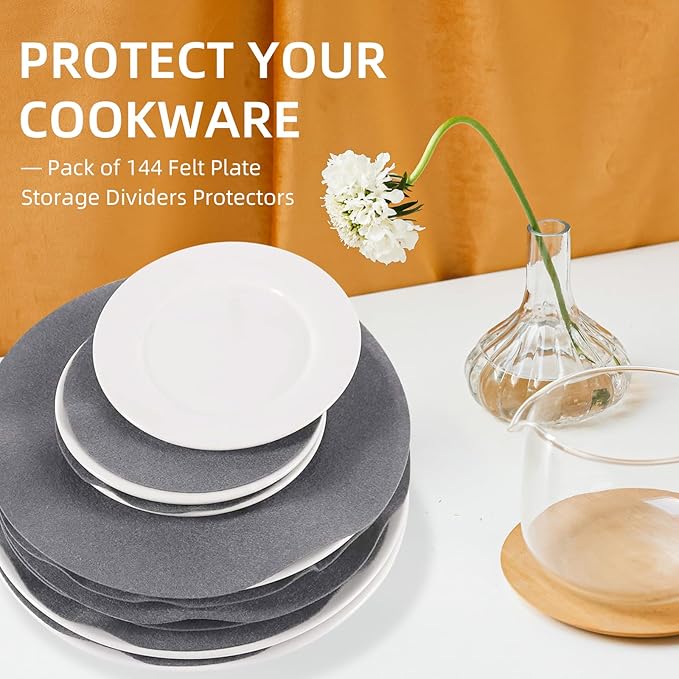 Plate China Storage Dividers, 144 Pieces with 3 Different Sizes Premium Felt Plate Dividers Round China Dish Protectors for Porcelain Cookware Protecting and Stacking, Gray