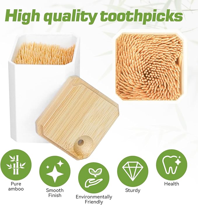 HOPELF Toothpick Holders 2 Pack with 7200 Picks,Round Toothpicks Double-Side Point for Teeth,Food Pick,Appetizers,Cocktails Fruits,Olive&DIY Craft.