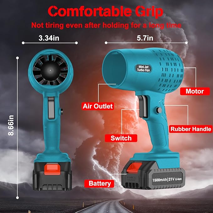 Leaf Blower with 21V*2 Pcs Batteries, 650000RPM Powerful Fan, High Variable Speed 200 MPH, Handheld Air Blower, Perfect for Car Drying, Patio Cleaning, Lawn Caring, Leaves Blowing (Blue)