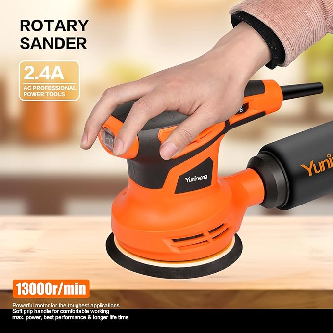 Orbital Sander,2.4Amp 13000 OPM Random-Orbit Sanders 6 Variable Speeds with 15Pcs Sanding Discs 125mm, Electric Sander with Dust Collector for Sanding and Polishing