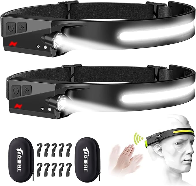 Headlamp, Rechargeable LED Headlamp with Motion Sensor, Up to 1200 lumens and 10 Hours Runtime, 10 Clips and 2 Cases, Waterproof Camping Gear for Hiking, Fishing, Cycling, Repairing
