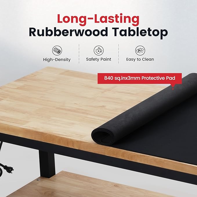48 Inch Work Table for Garage Adjustable Height Rubber Wood Tabletop Workbench with Storage Work Bench Table with Power Outlets Pegboard Pad for Woodworking Shop Home Office